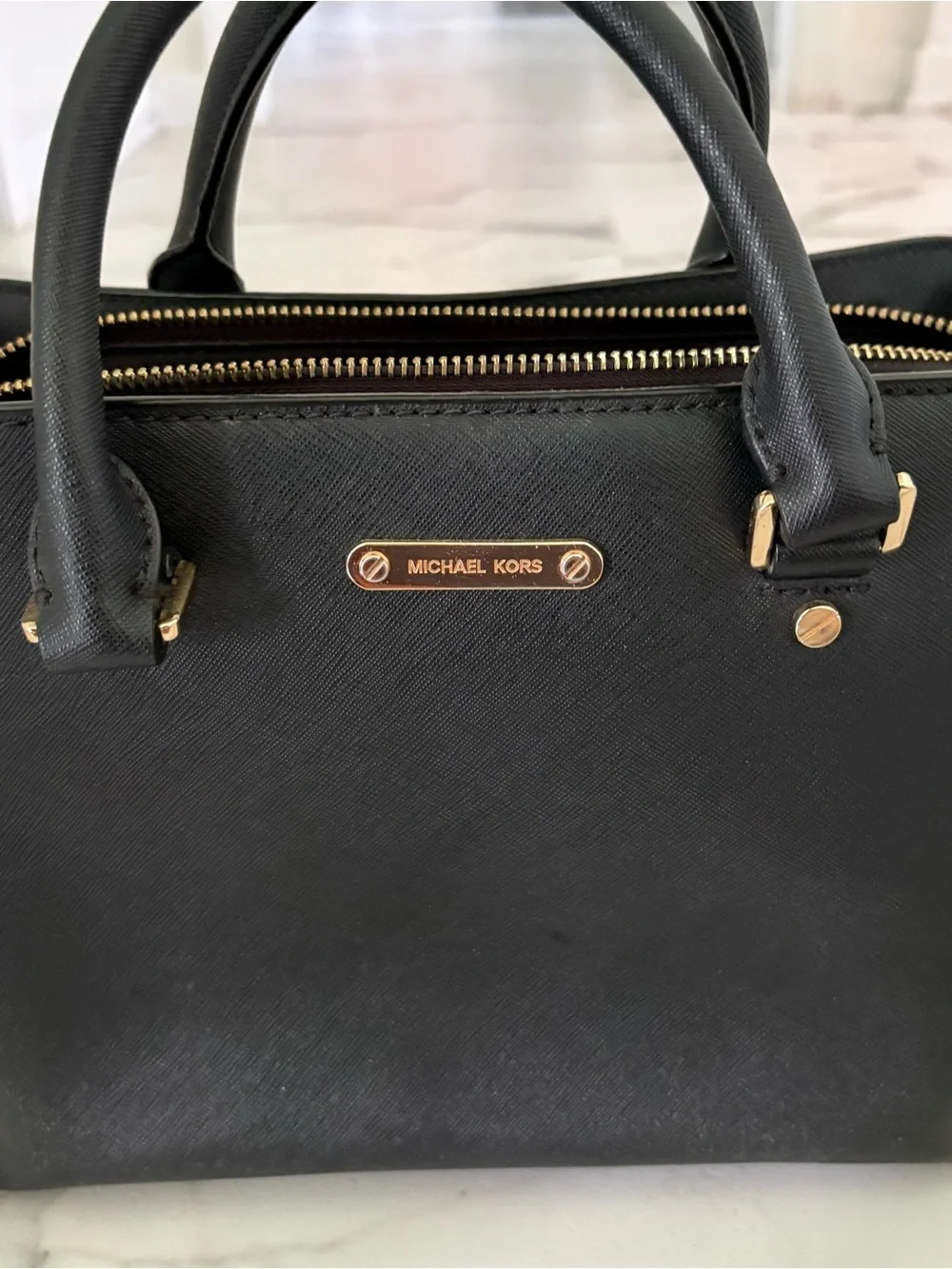 Michael Kors Black Saffiano Double-Handle Satchel with Gold Hardware